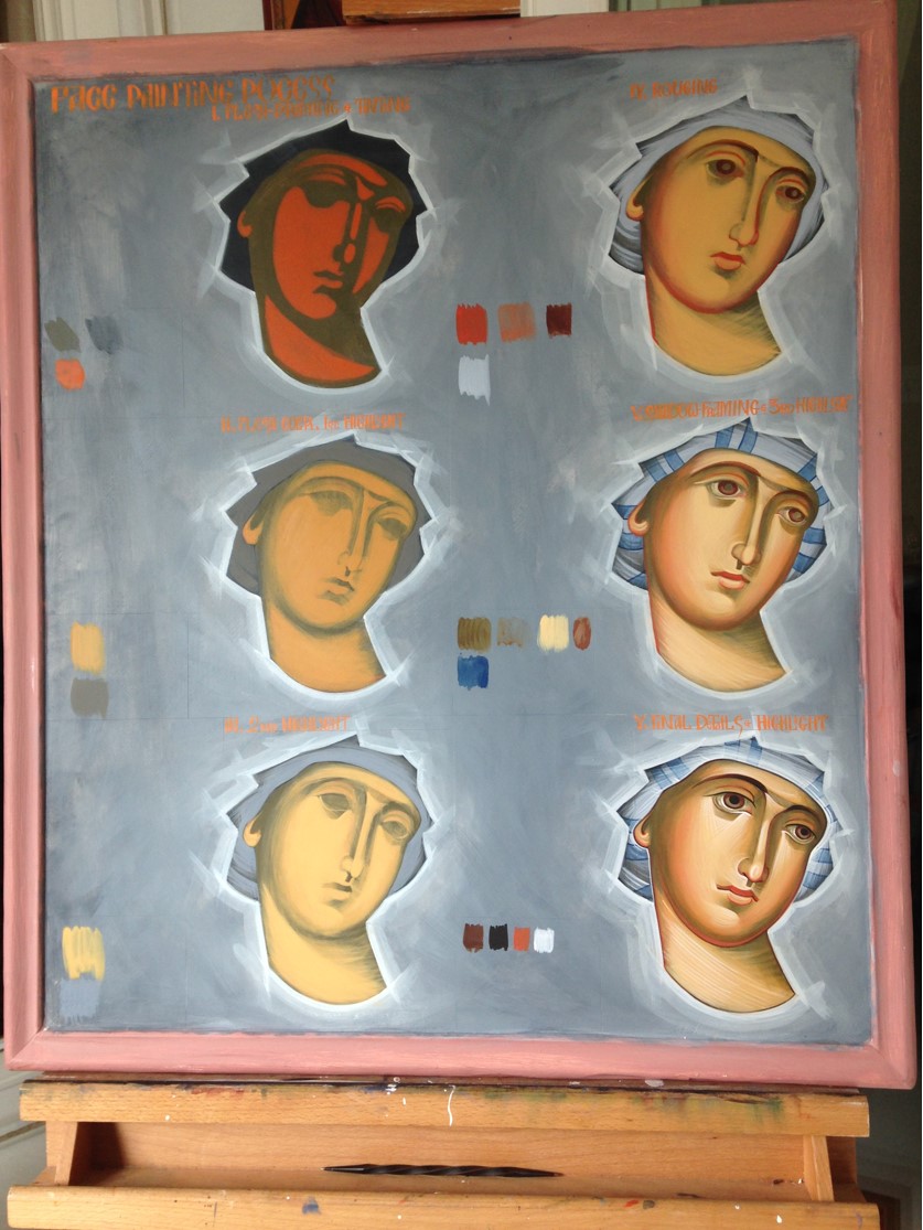 Example of panel preparation, drawing, formal composition, rendering form (the high-light process), color theory and application with traditional pigments